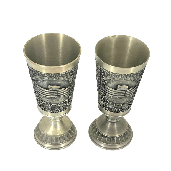2 Collectible German Zinn Becker Goblets Stuttgart Pewter Embossed 5.5" - Picture 1 of 10
